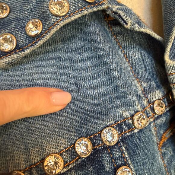 Veronica Beard Cara Cropped Jean Denim Rhinestone Studded Jacket - Picture 3 of 7